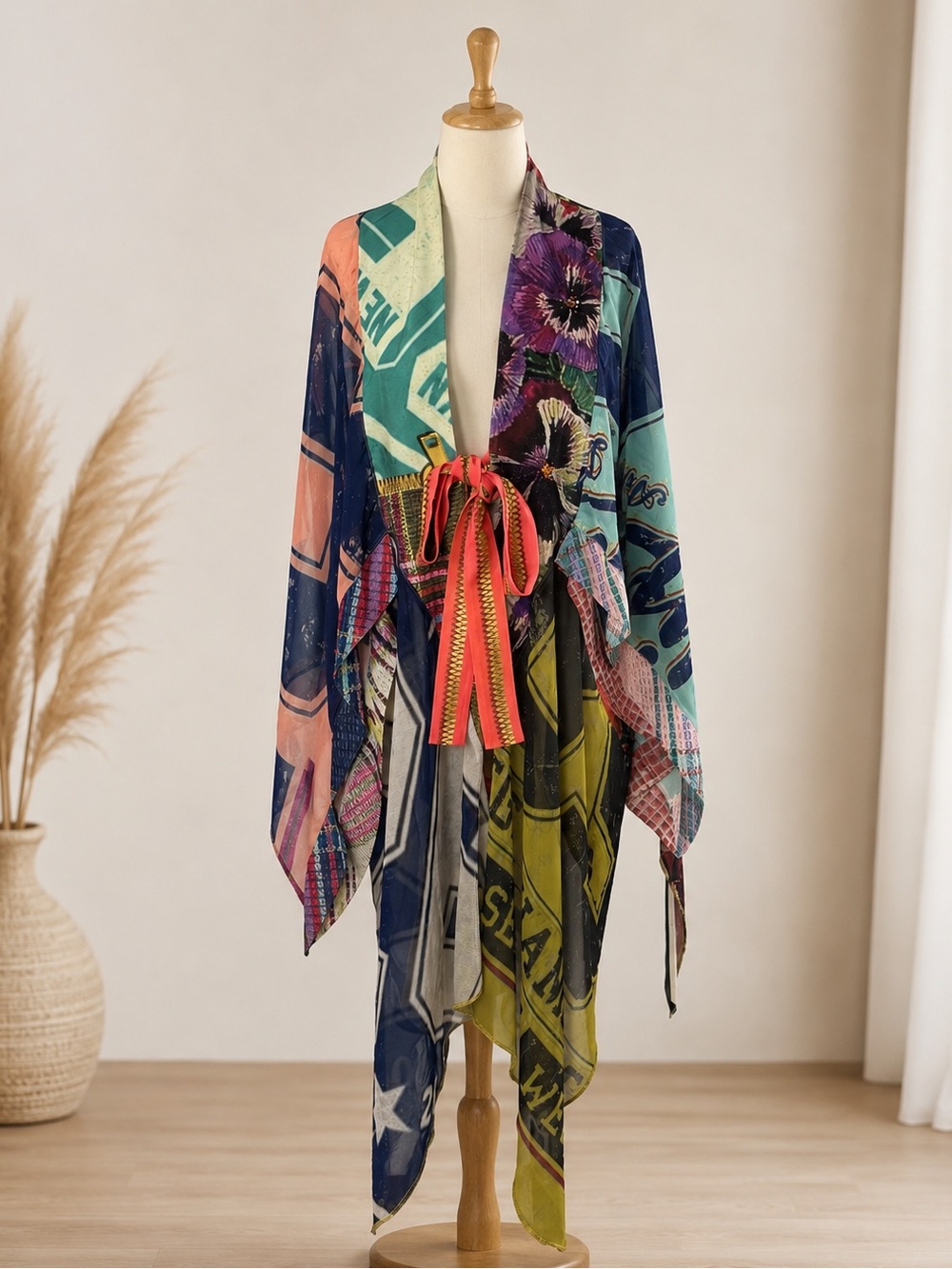 IPNG One Size Multicolor Patchwork Kimono Beaded Boho Draped Cardigan
